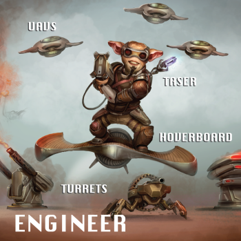 An Elgan male Engineer astride a hoverboard, wielding a taser, and surrounded by turrets and unmanned aerial vehicles (UAVs).