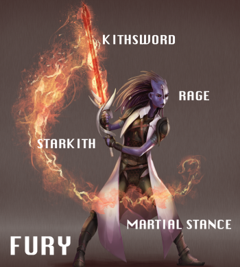 A Jin female Fury wielding a kithsword awash in starkith, flowing into another stance, building her Rage.