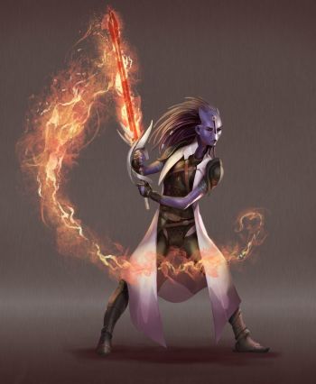 A Jin female Fury wielding a kithblade awash in flame, flowing into another stance.