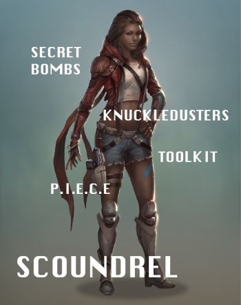 A Human female Scoundrel wearing knuckledusters and a toolkit, with a holstered PIECE, her hand at the ready.