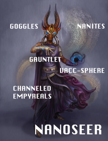 A Shen male Nanoseer wearing their signature goggles and gauntlet, surrounded by their nanites, preparing a vacuumsphere.